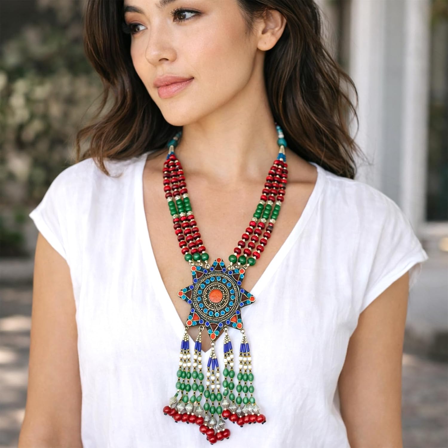 Tibetan Silver Star Medallion Y Drop Necklace for Women Bohemian Statement Collar Jewelry Festival Tassel Pendant Necklace