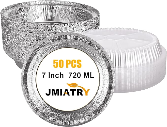JMIATRY 50 Pack 7 Inch Round Foil Trays with Lids, 720ML Disposable