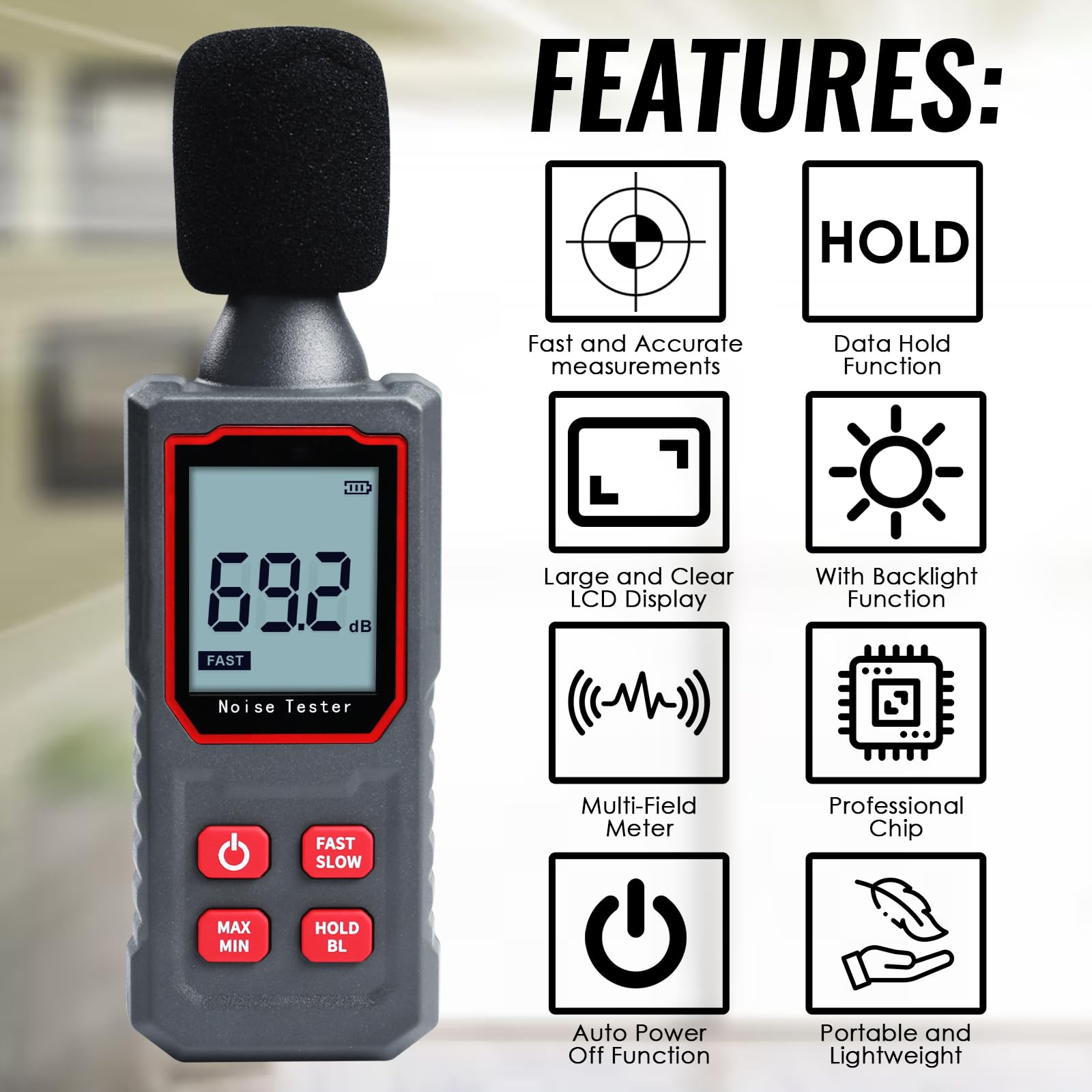 Sonomètre numérique haute précision Plage de mesure de 30 à 130 dBA – Decibel mètre pour test de réponse rapide – Testeur de bruit avec écran LCD HD – Idéal pour la surveillance de l'environnement