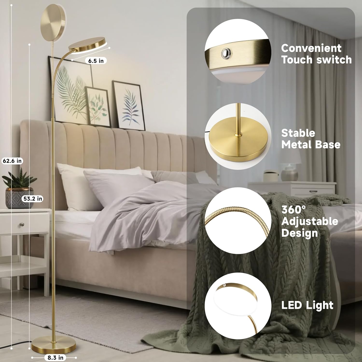 Floor Lamp, Led Floor Lamps for Living Room, Stepless Adjust Color Temperatures & Brightness Standing Lamp with Touch Control Tall Lamps Adjustable Gooseneck Reading Floor Lamp (Gold)