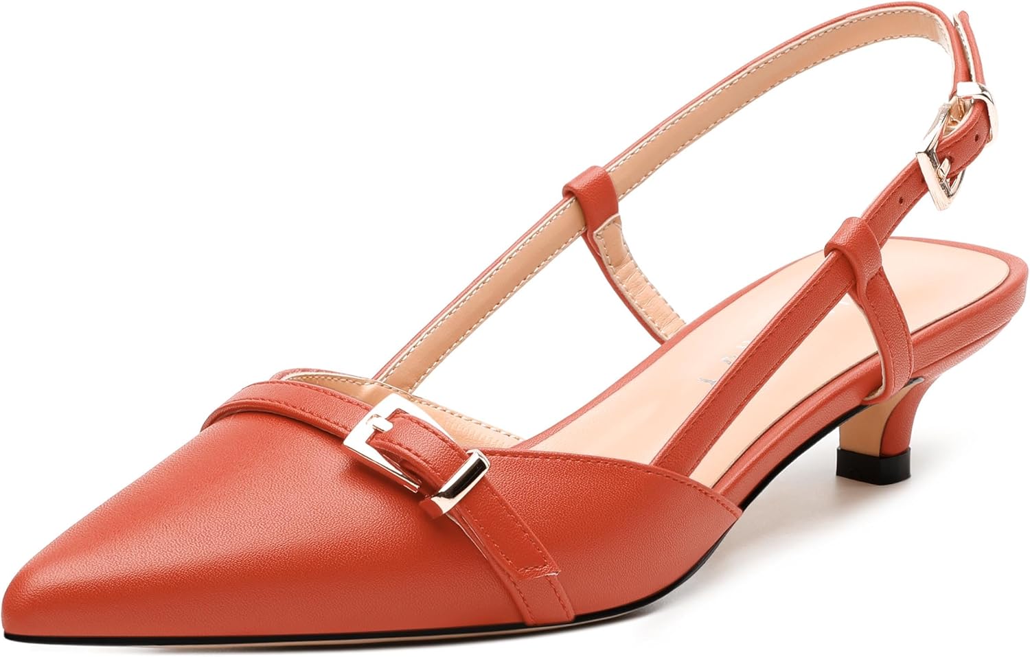 Women's Slingback Pumps, Pointed Toe Kitten Heel Pumps, Fashion Buckle Solid Matte Pump for Daily Office Dating Party