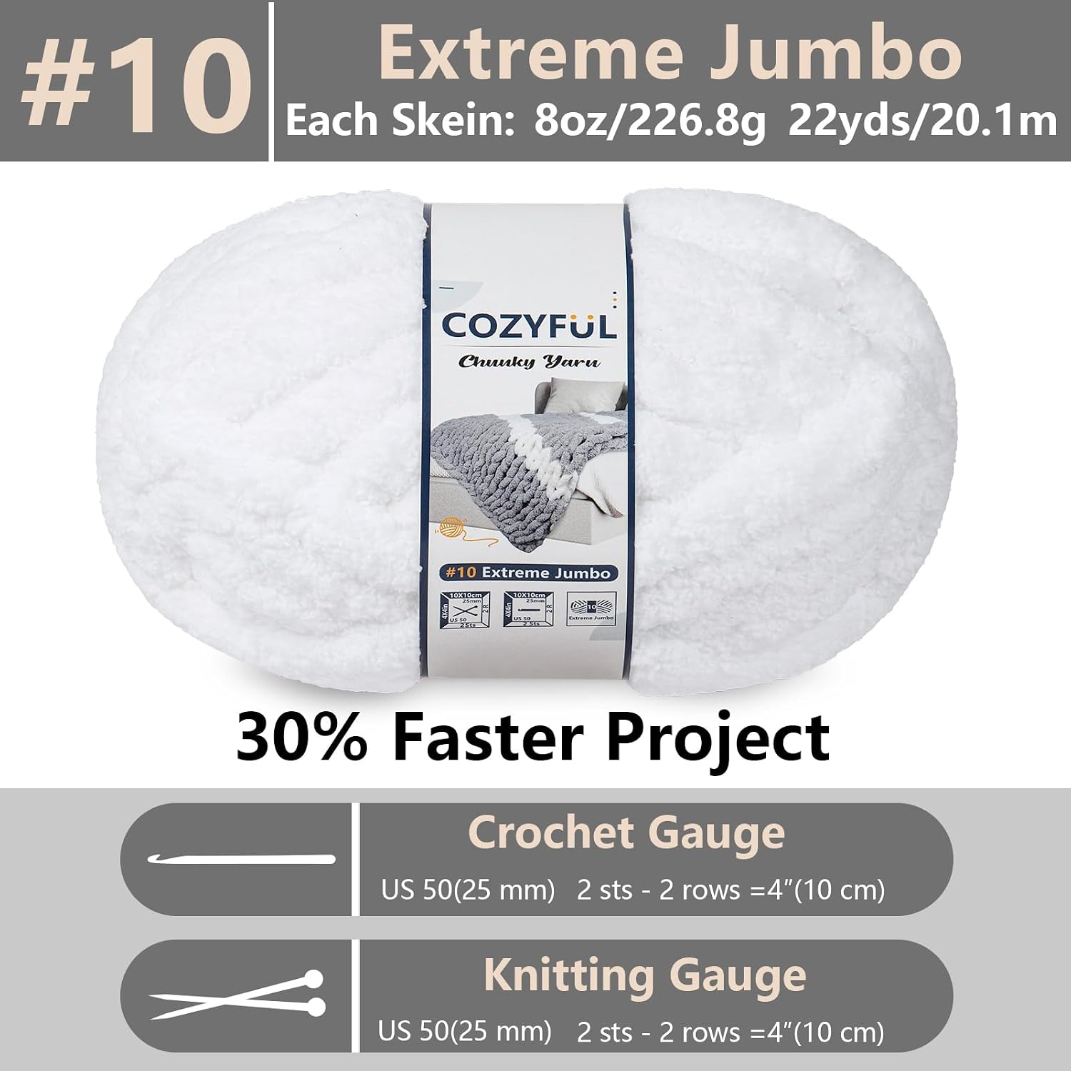Cozyful Chunky Yarn for Hand Knitting - #10 Chunky Chenille Yarn, Jumbo Big Thick Chunky Yarns for Crocheting, Super Bulky Chunky Knit Blanket Yarns, 8 Skein (22 yds 8 oz Each Skein), Pure White thumbnail