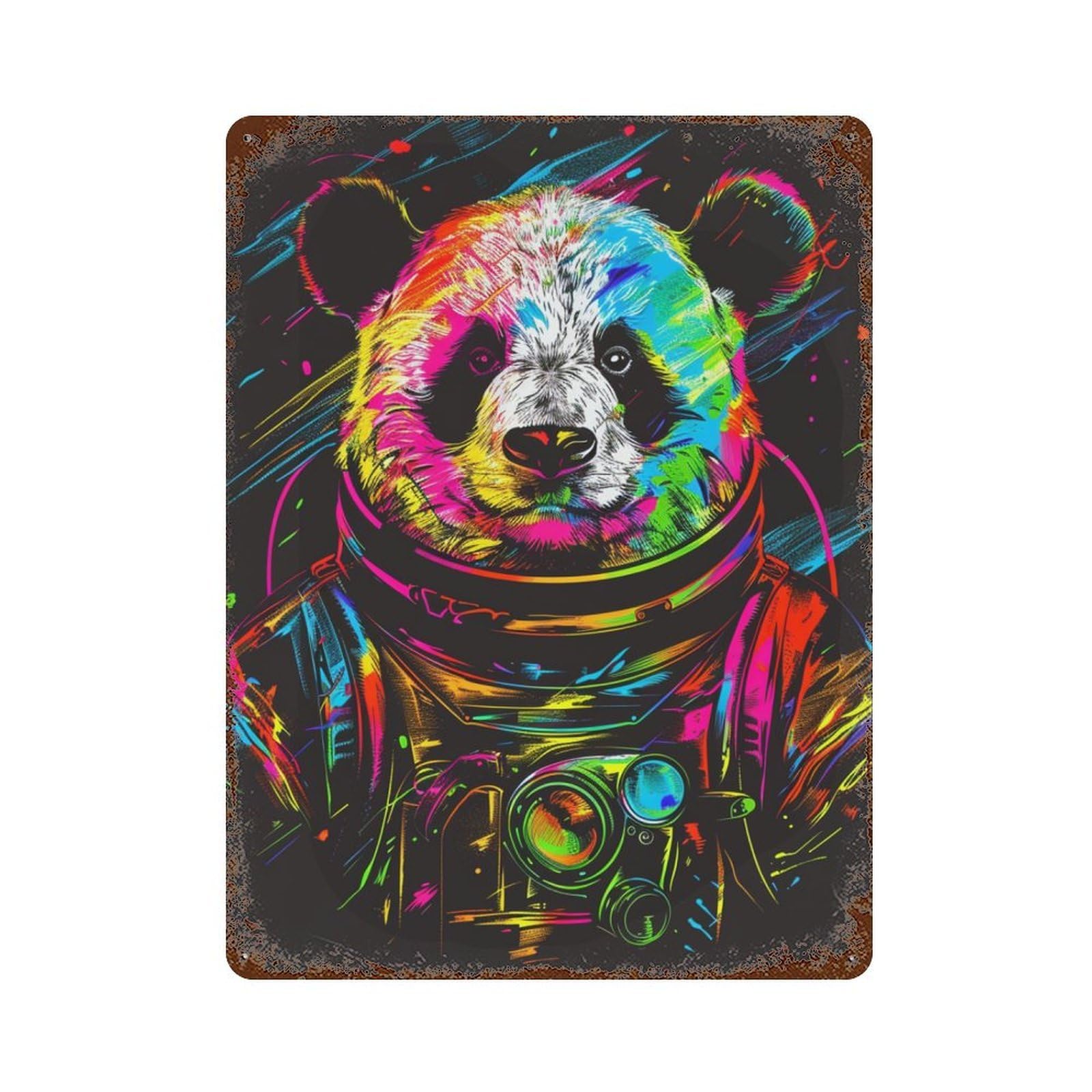 Colorful Astronaut Panda Art Print Vintage Rust Metal Sign 15.7"x11.8", for Basement, Hobby Room And Garage Decor, Retro Wall Decor