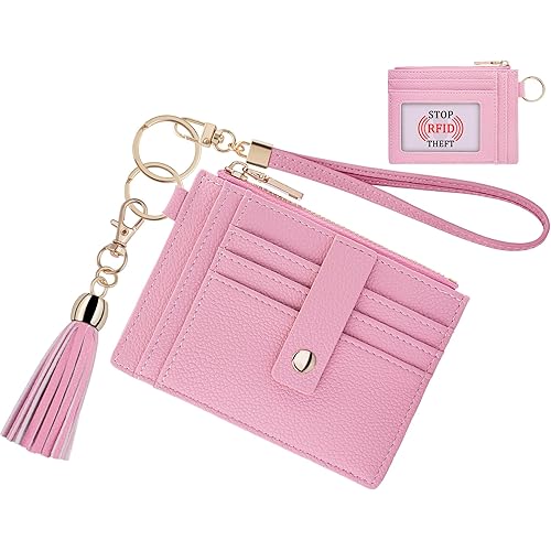 Aiyo Nice Women Slim RFID Card Case Holder Wristlet Zip ID Case Wallet Small Leather Wallet Coin Purse with Keychain