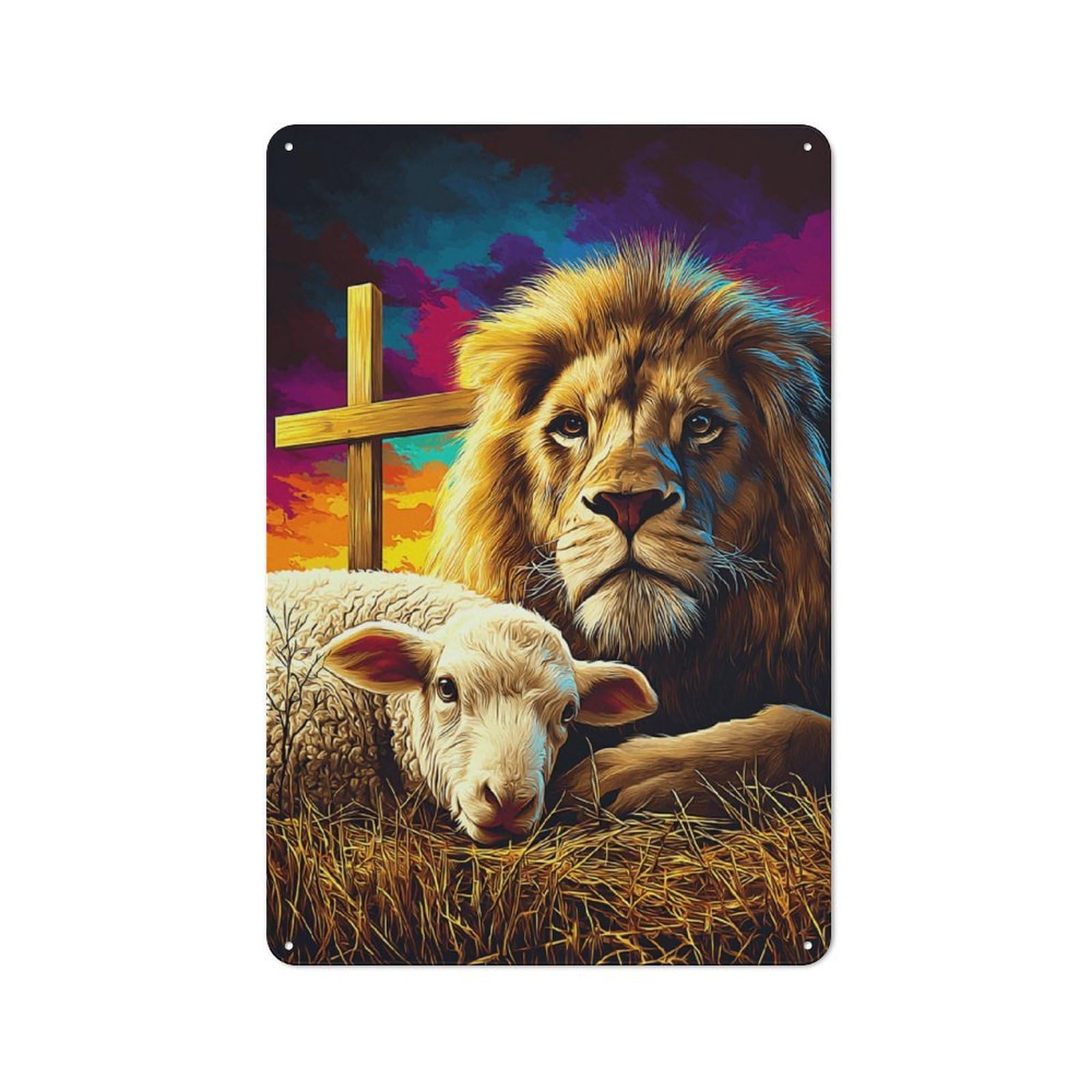 Junmoney Peaceful Coexistence Lion And Lamb -1 Metal Wall Sign 30X20cm Featuring For Bar Or Restaurant, For Themed Interiors In Bars And Restaurants