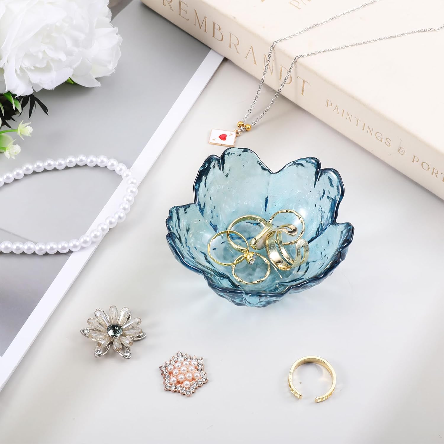 Blue Flower Glass Ring Dish, Decorative Glass Trinket Dish Cherry Blossoms Jewelry Ring Tray for Women Girls Bedroom Bathroom Vanity Storing Rings Earrings Keys image 4