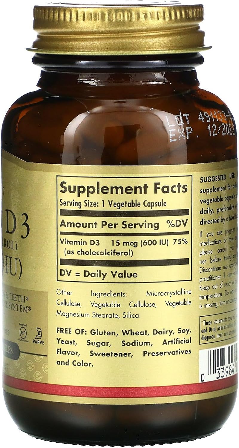 Solgar Vitamin D3 (Cholecalciferol) 15 mcg (600 IU), 120 Vegetable Capsules - Helps Maintain Healthy Bones & Teeth - Immune Support - Non-GMO, Gluten-Free, Dairy Free, Kosher, Halal - 120 Servings