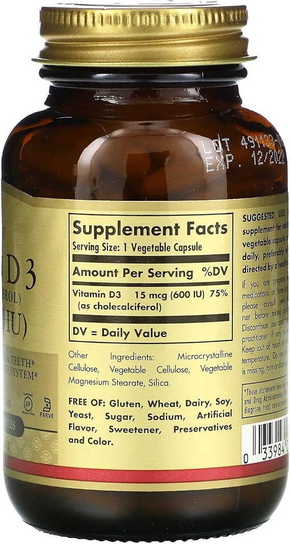 Solgar Vitamin D3 (Cholecalciferol) 15 mcg (600 IU), 120 Vegetable Capsules - Helps Maintain Healthy Bones & Teeth - Immune Support - Non-GMO, Gluten-Free, Dairy Free, Kosher, Halal - 120 Servings