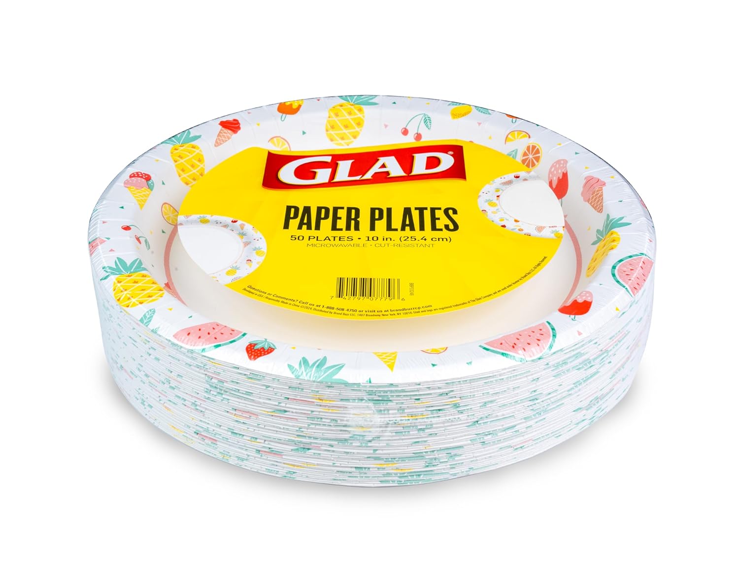 Glad Disposable Paper Plates, Picnic Design - Soak Proof, Cut-Resistant, and Microwavable for All Foods, Great for Outdoor Parties and Everyday Meals, Multicolor, 10 Inch, 50 Count - 12 Pack