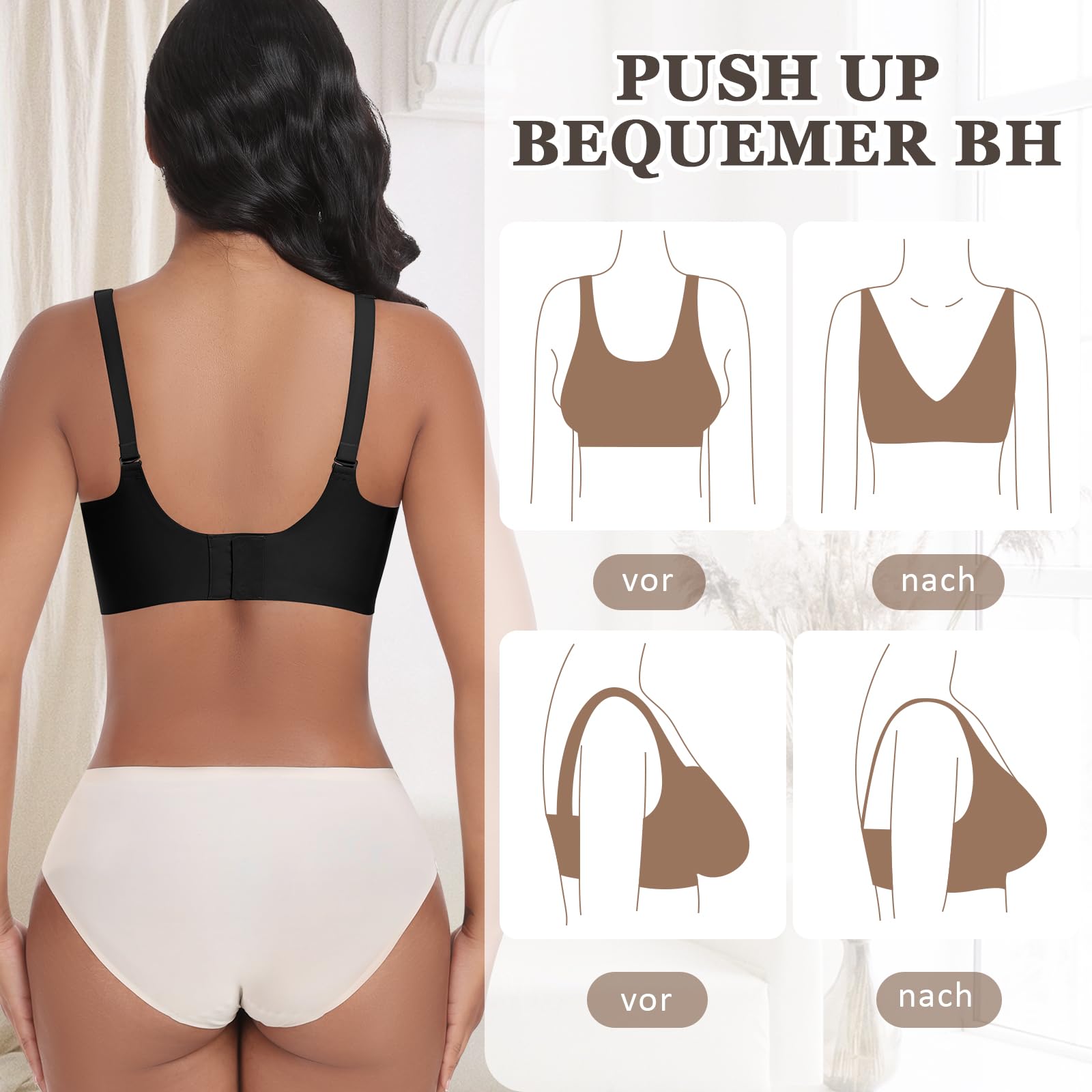 Jiuday Reggiseno senza ferretto, reggiseno push up per seni grandi, tenuta forte, senza ferretto, senza ferretto, imbottito, senza ferretto, comodo, scollo a V, bralette, Nero + caffè., XL
