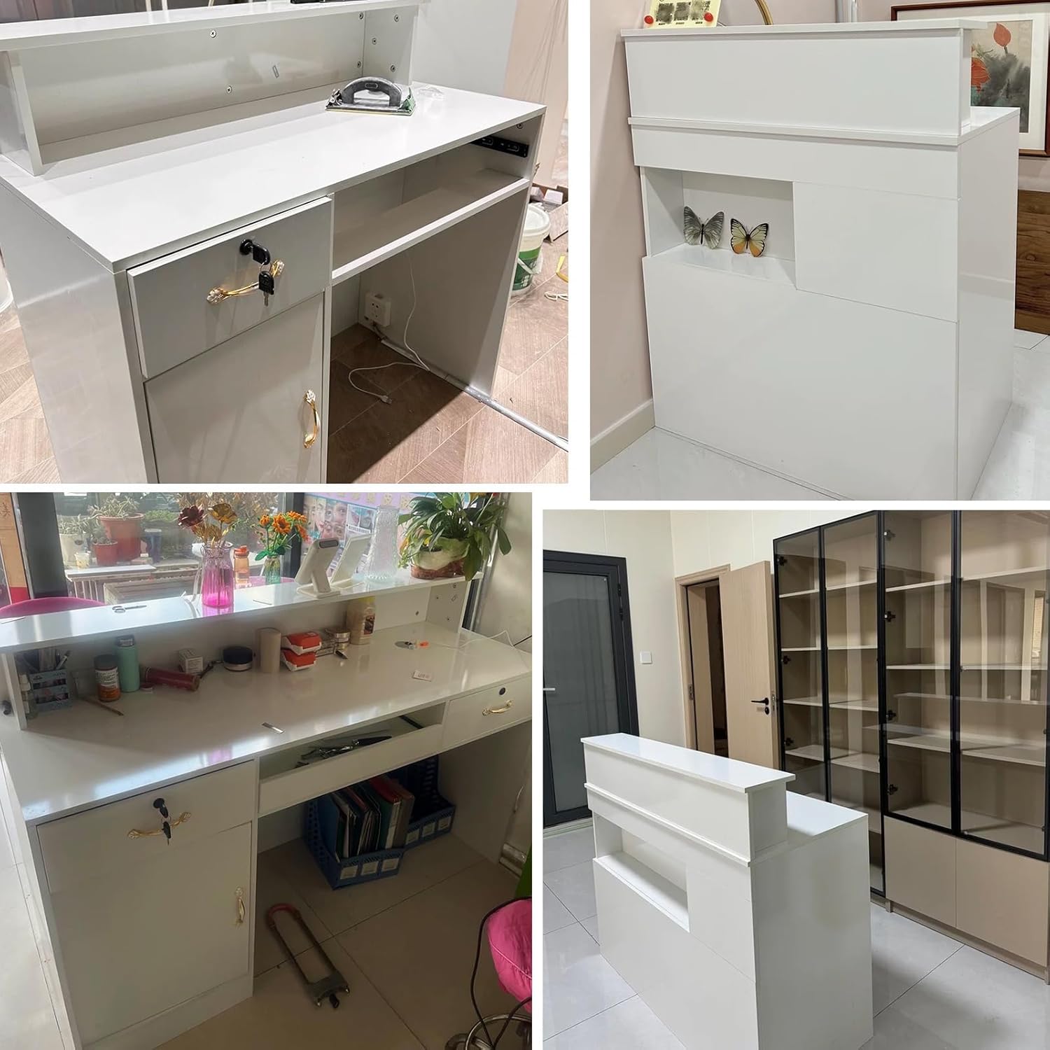 YVYKFZD Reception Desk, L-Shap Front Desk Reception, Reception Counter Desk with Display Shelf and Lockable Drawers, Standing Retail Checkout Counter Table(Warm White,31.4"x19.6"x39.3")