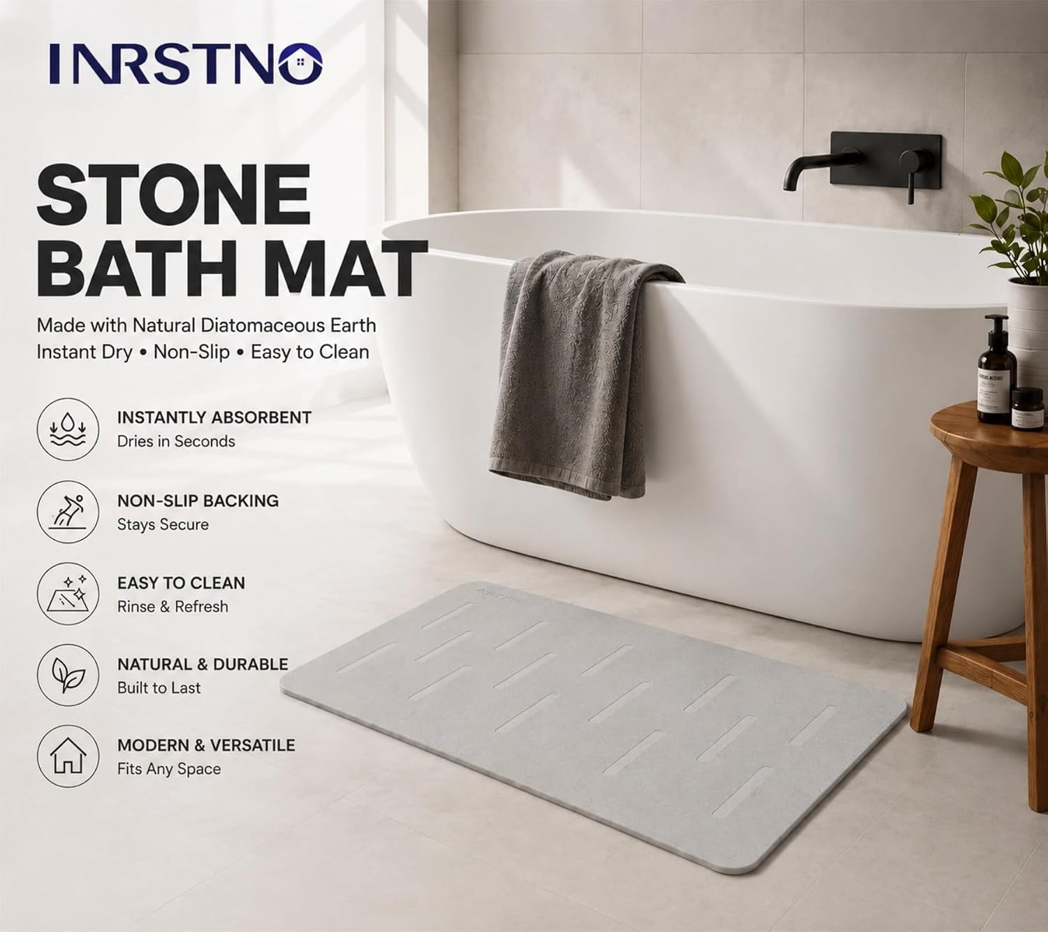 Premium Stone Bath Mat 2 Pack, Quick Dry Diatomaceous Earth Bath Mat for Bathroom, Super Absorbent, Non-Slip & Easy to Clean, Large 31.5" x 20"