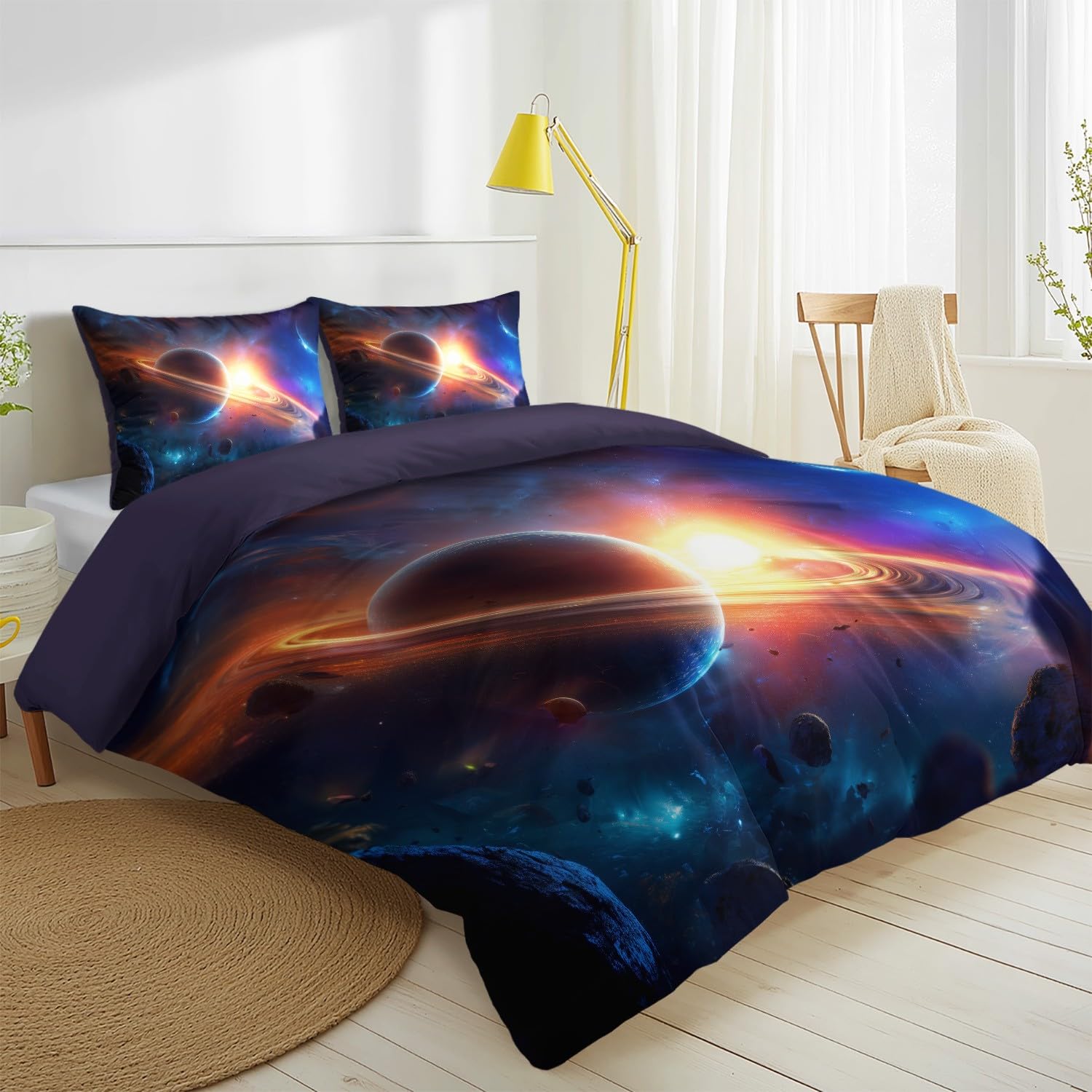 Fantasy Cosmos Super King zestaw pościeli, Dreamy Sci-Fi Ring Planet, miękki zamek błyskawiczny poszewka na kołdrę 260 x 220 cm i poszewka na poduszkę 50 x 75 cm, do sypialni dla dorosłych, dzieci