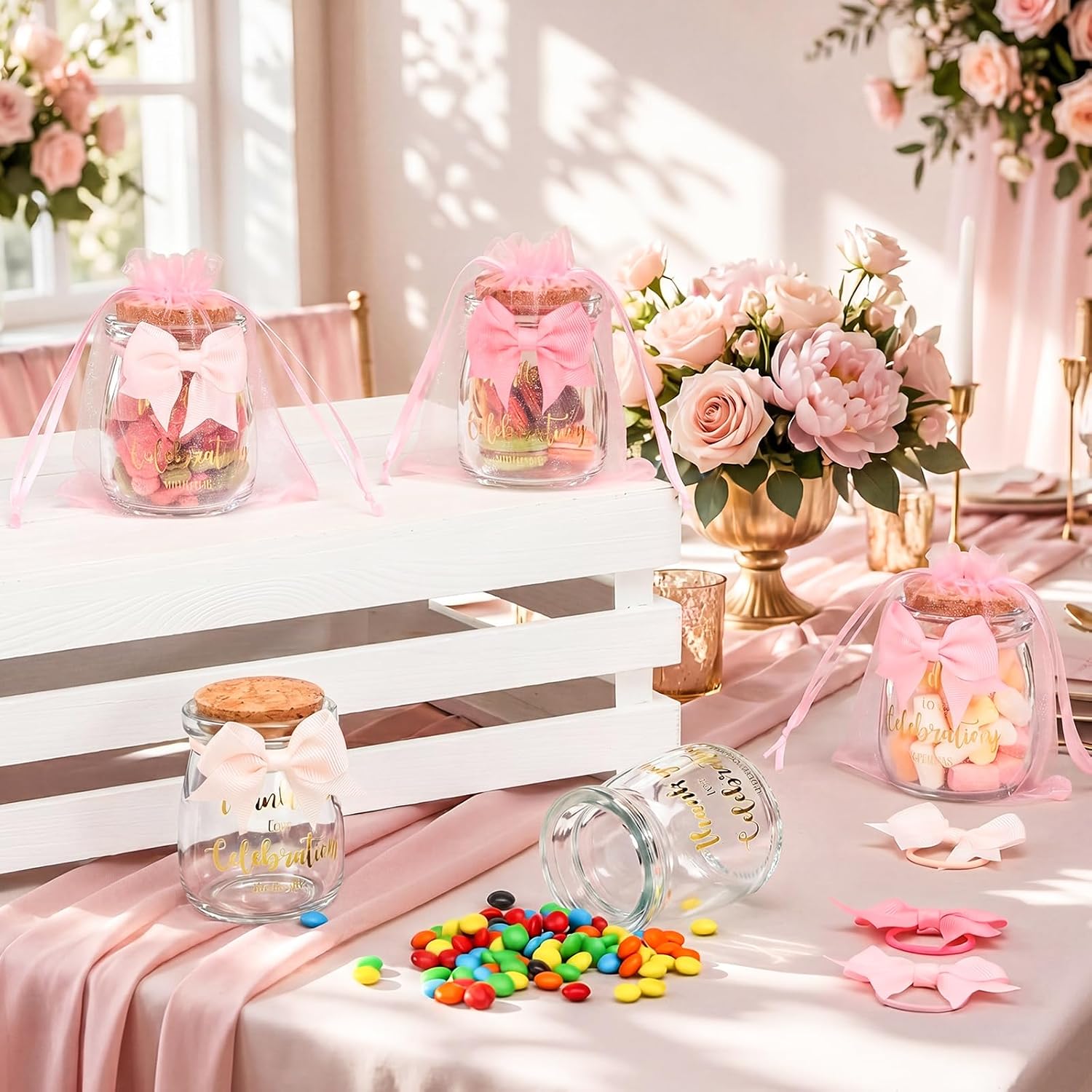 Reallnaive 20 Sets Pink Baby Shower Gifts for Guests Small Glass Jars with Corks, Bows Thank You Stickers Organza Gift Bags, 3.4 oz Mini Milk Bottles for Candy, Guest Gifts, Wedding Favors