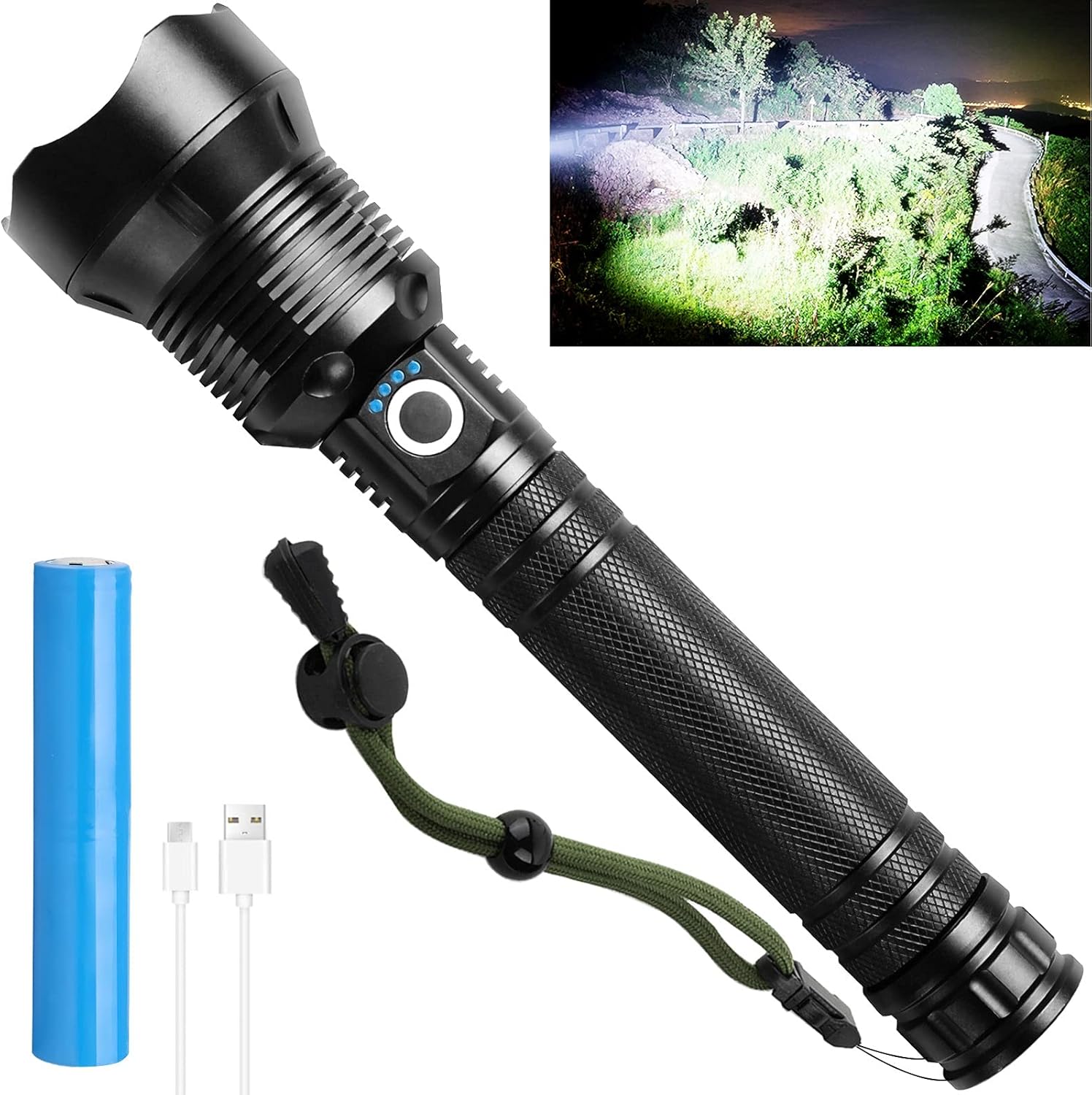 Powerful Rechargeable Flashlights High Lumens, Super Bright Tactical Flashlights, 90000 Lumen LED Flashlight with 26650 Battery, Zoomable, 3 Modes, Waterproof Flashlights for Emergencies, Camping : Tools & Home Improvement