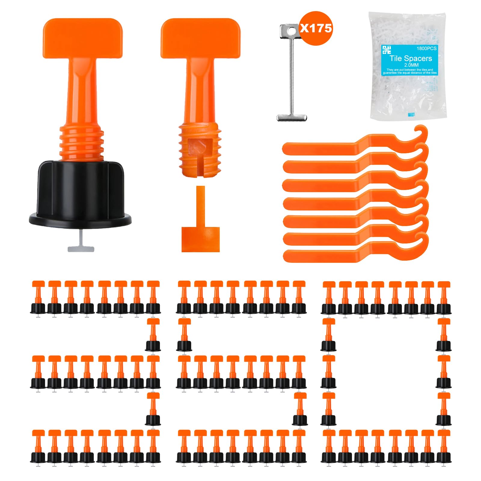 Kit de sistema de nivelación de azulejos con 100 niveladores de azulejos, 500 espaciadores de azulejos de 2 mm y 2 llaves, sistema de nivelación de espaciadores de azulejos reutilizables para paredes