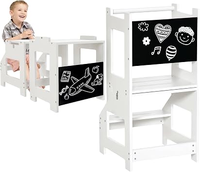 Qaba Kids Kitchen Step Stool, 2 in 1 Kitchen Table Set Toddler Standing Tower with Chalkboard, Safety Rail for Kitchen, Bathroom, Bedroom, White