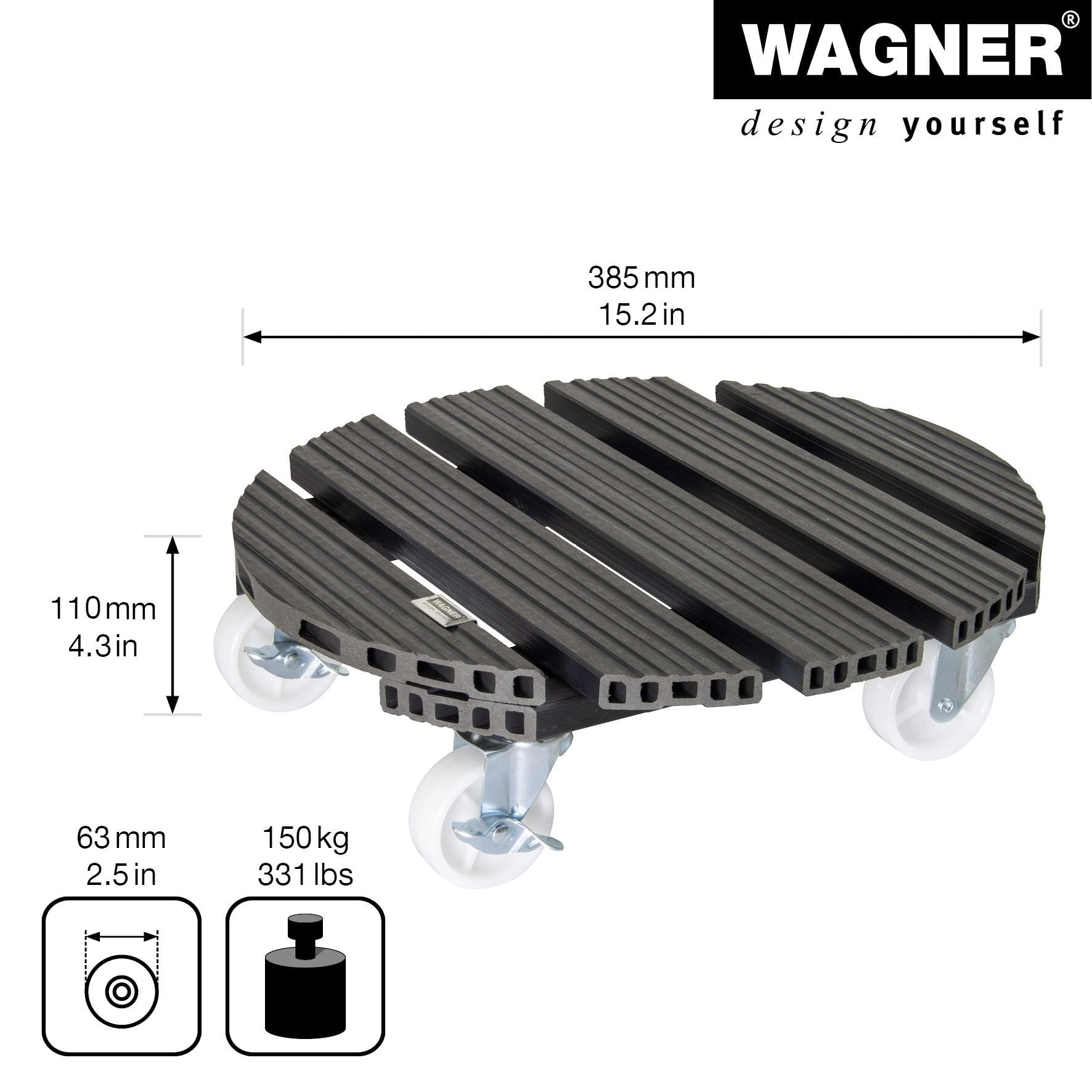 WAGNER Soporte con ruedas para plantas WPC Ø 38,5 x 11 cm I Carrito para flores para uso exterior + interior I Wood Plastic Composite FSC®, antracita I Capacidad de carga 150 kg - 20054501