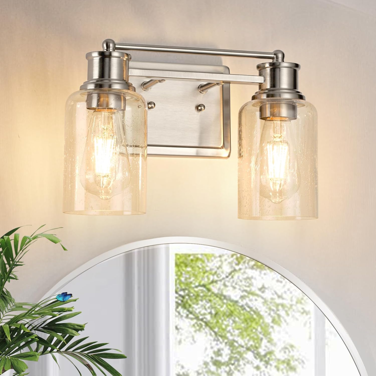 2-Lights Bathroom Vanity Light, Brushed Nickel Bathroom Light Fixtures Over Mirror with Seeded Glass Shades for Living Room Bedroom Hallway