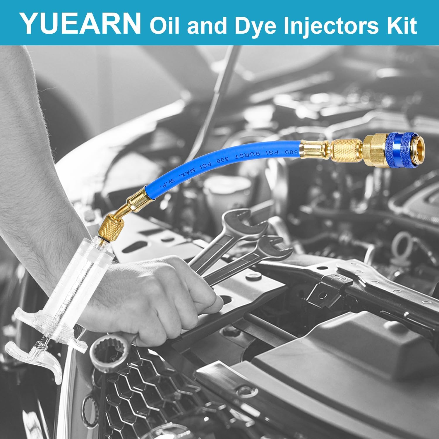 Oil and Dye Injectors Kit Hand Push Compressor Ac Oil Injector Kit with Quick Coupler 1/4 SAE Connector Car ac Leak Detector Kit