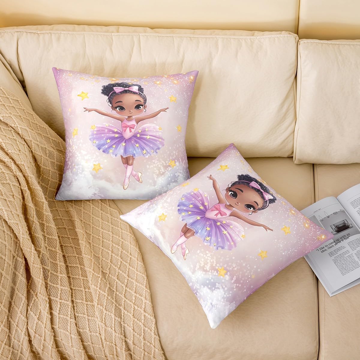 Homewish Cartoon Ballet Dancer Girl Pillow Cover Cute Yellow Stars Pink Bowknot Pillow Case for Kids Girls Teens Gradient Purple Ballet Dress Cushion Cover for Bed Sofa Chairs 24x24 Inch