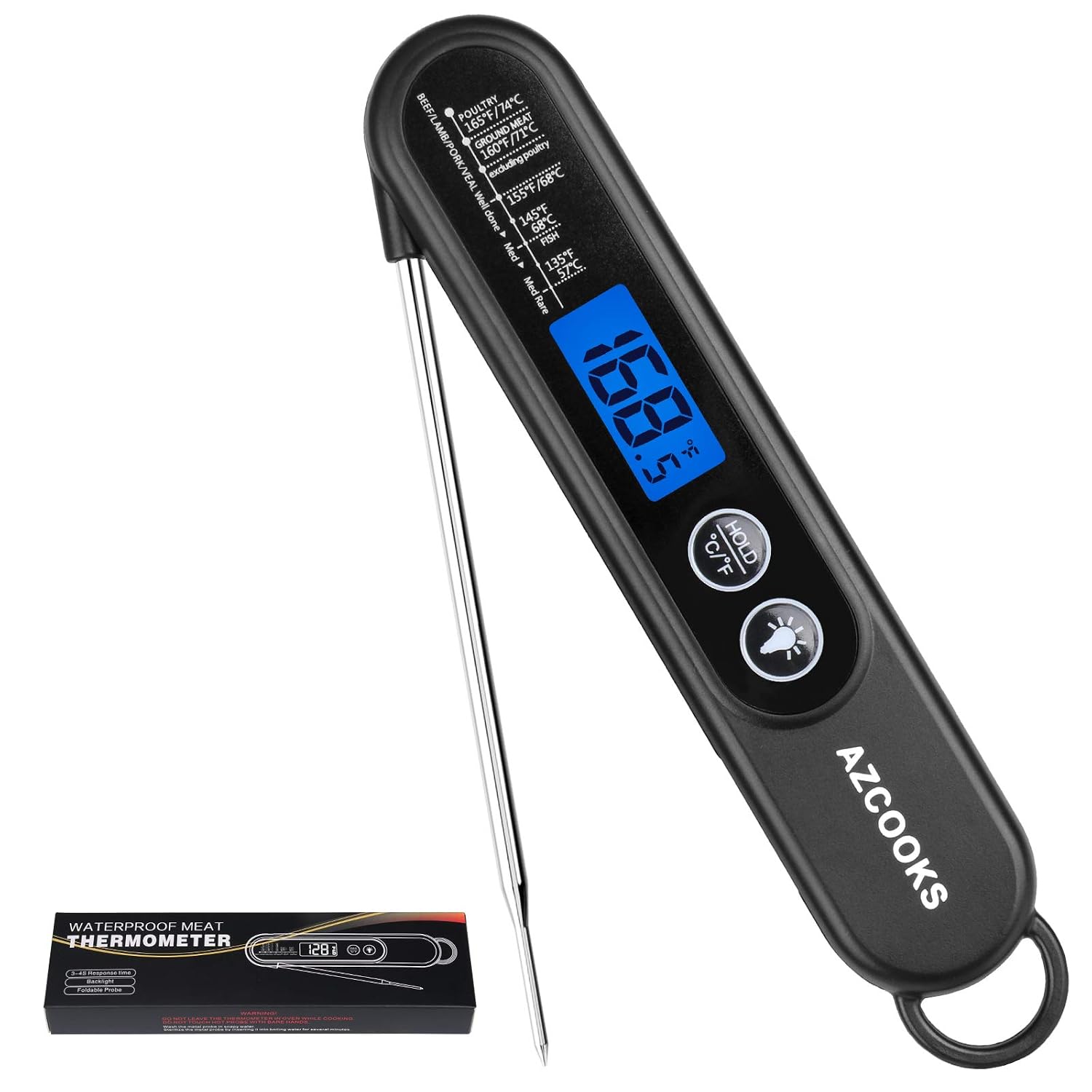 2021 Updated, Meat Thermometer for Cooking, Instant Read Food Thermometer with Backlight & Waterproof & Foldable Probe, Azcooks Digital Kitchen Thermometer for Roast Turkey, Grill, Deep Fry and BBQ