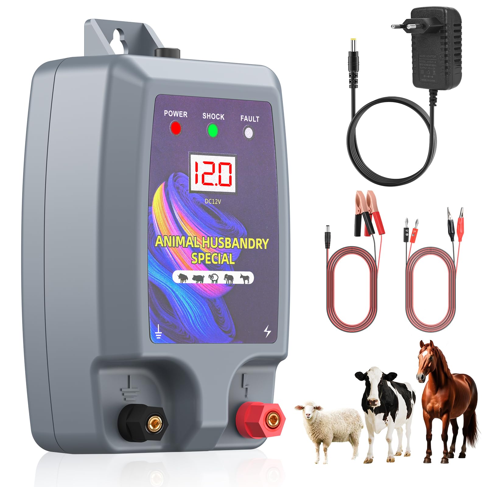 10KM Clôture Électrique pour Animaux, Électrificateur Clôture Électrique Haute Puissance, 12kV 2.0J ClôTure éLectrique pour protection Moutons Chevaux Jardin Pâturages Ferme (Gris)