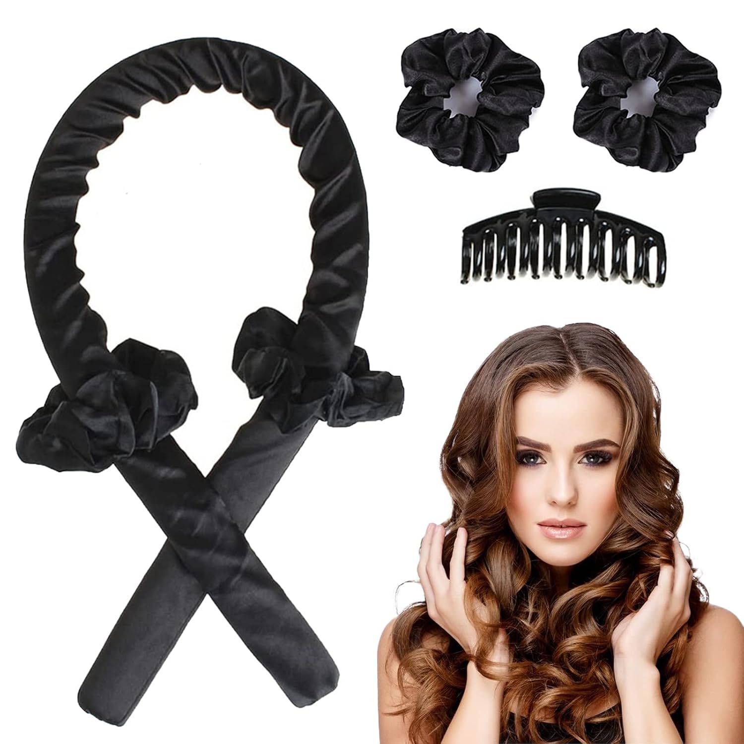 COOKOO Heatless Curling Rod Headband Silk Hair Rollers New Upgraded Version With Cotton Filler Hair Curlers for Natural Long Hair(Black)