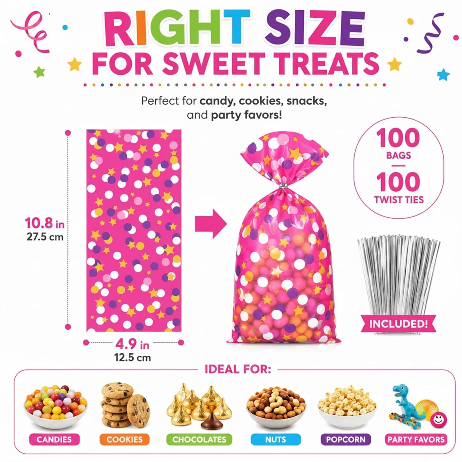 Pajean 100 Pcs Cellophane Treat Bags for Party Favors Decorations Polka Dots Goodie Star Treat Candy Bags with 100 Twist Ties Rainbow Stars Theme for Birthday Mother Weddings Supplies