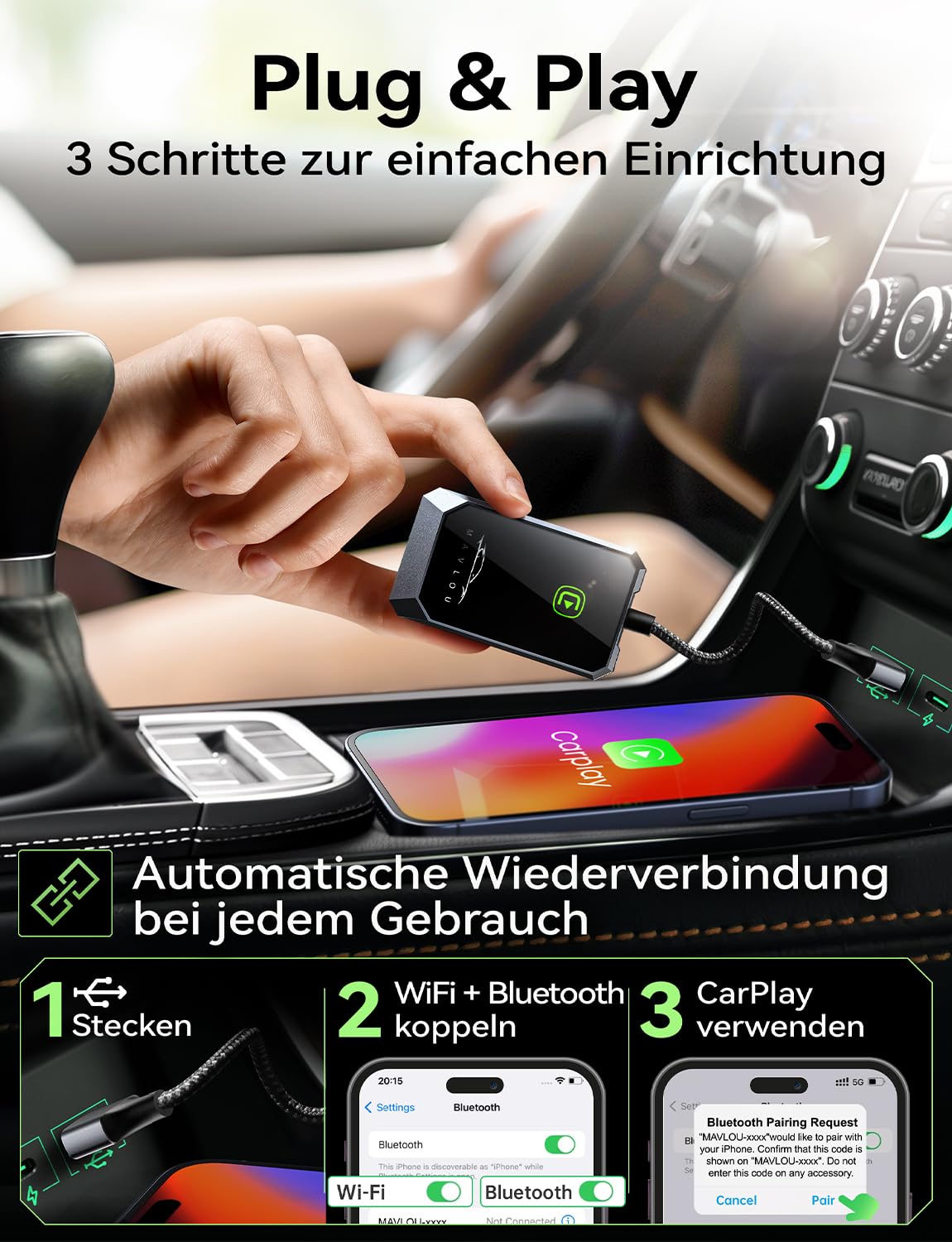 Wireless CarPlay Adapter, Neueste Upgrade, Konvertieren Verkabeltem CarPlay zu Wireless, Plug-und-Play OTA-Upgrade, für iPhone iOS 10+ & Autos mit Wired CarPlay (Grau)