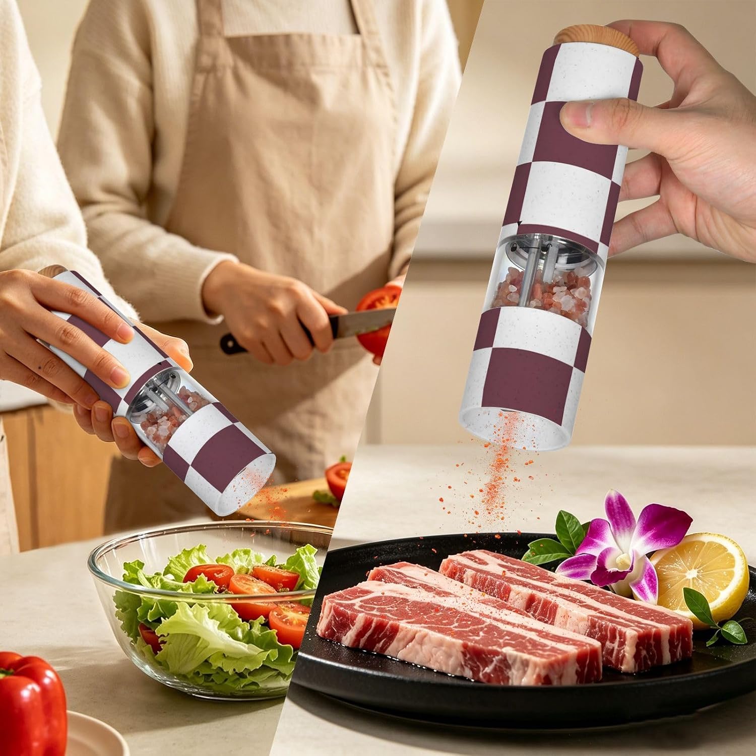 ALAZA Electric Pepper Grinder with Adjustable Coarseness, Maroon White Check Pattern Battery Automatic Salt and Pepper Mill with Led, One-Handed Operation Spice Grinder for Kitchen, Camping & BBQ