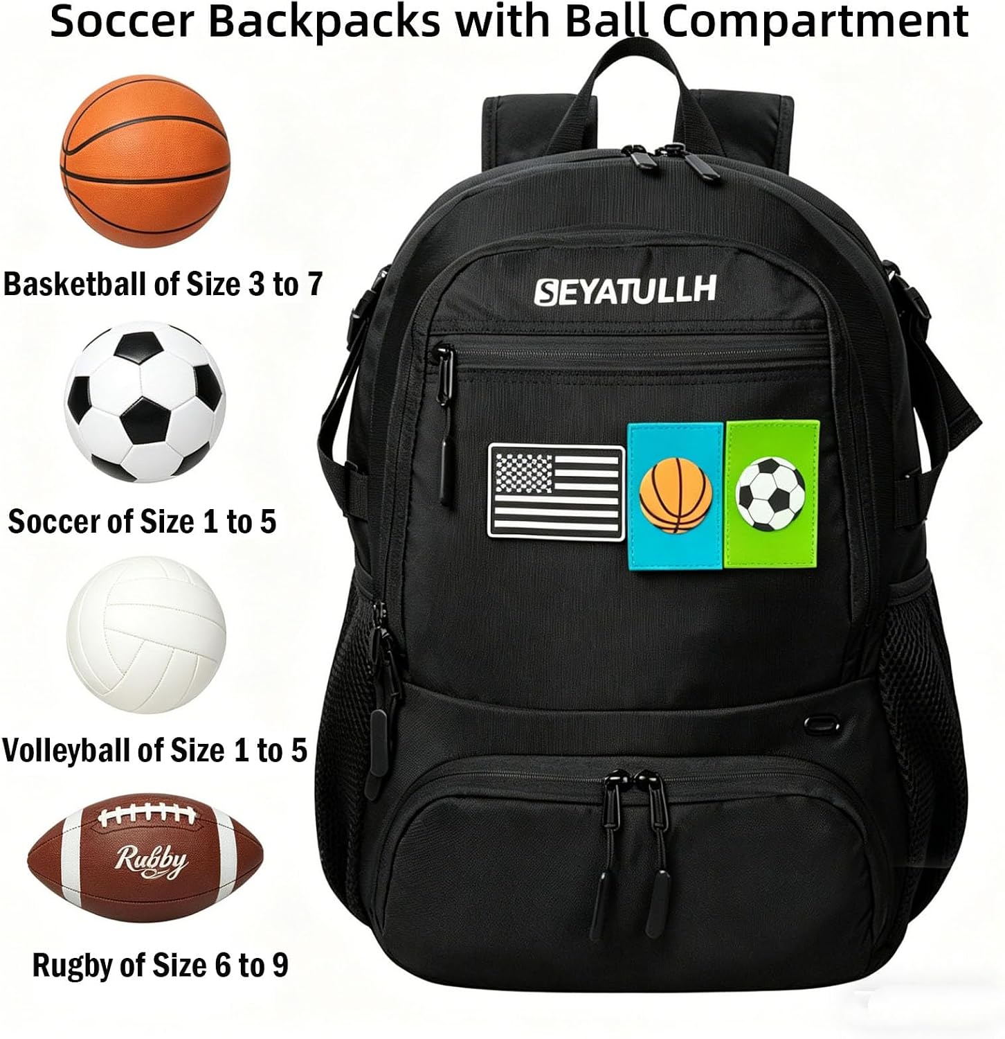 Soccer Backpack with Shoe and Ball Compartment with Velcro - 3 Flag Patches | 3 Bonus Patche - USA Flag Soccer Basketball Logo Boys and Girls Sports Bag for Size 5 to 7 Football Basketball Volleyball