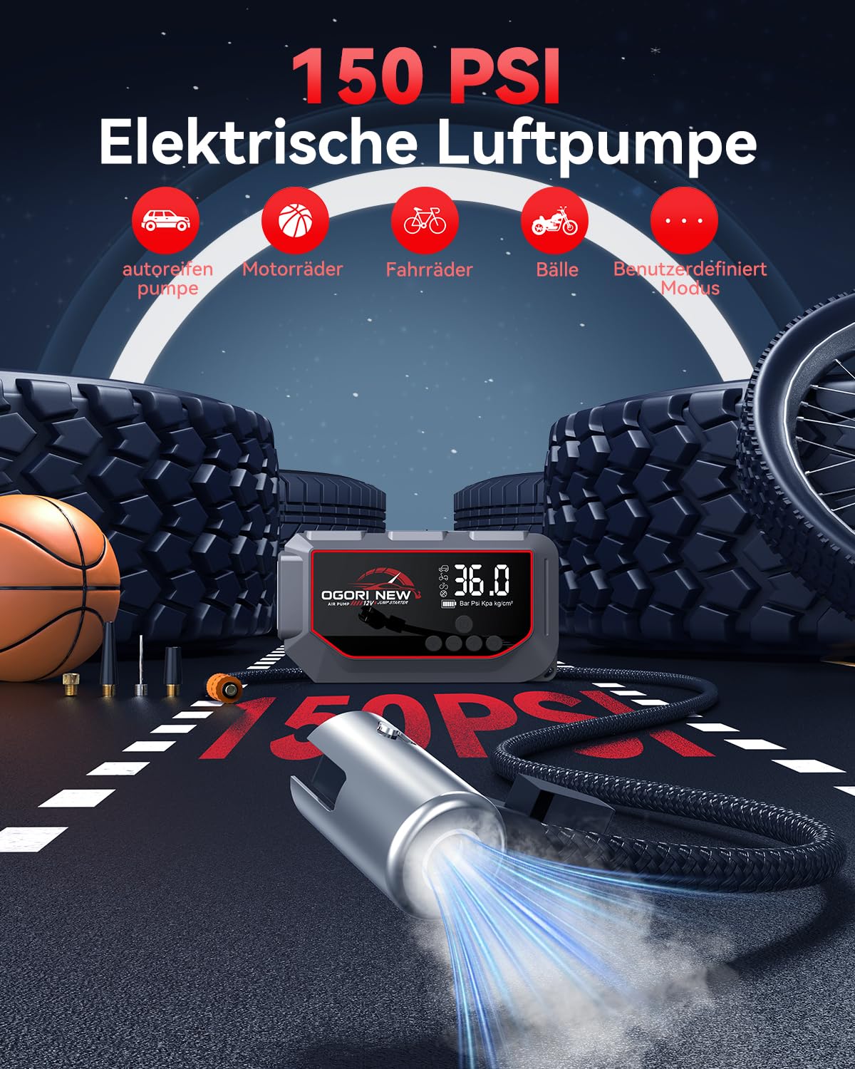 Arrancador de Baterias de Coche 8000A,Arrancador de Coches con Compresor de Aire 150PSI, 12V Arrancador Coche para Vehículo (10L Gasolina/8L Diésel),Jump Starter con Pantalla LCD,Linterna LED