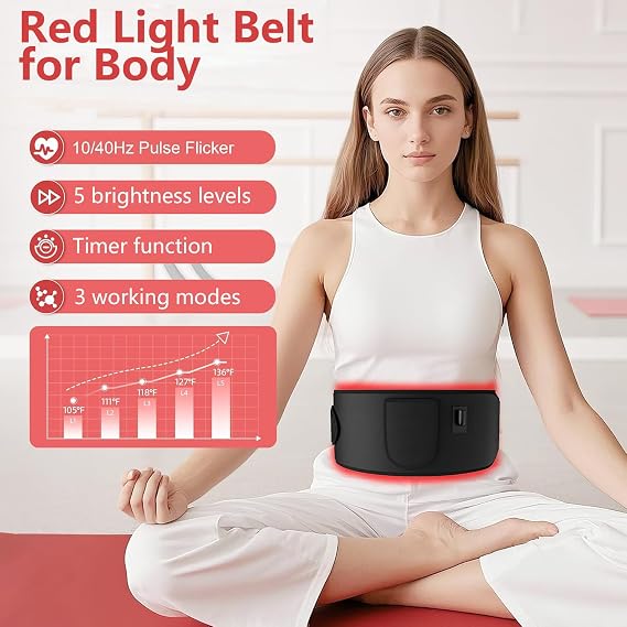 Red Light Belt with 105 LEDs, Timer Function, 5 Brightness Levels, 660 nm and 850 nm, Suitable for Waist/Back/Shoulders and Other Body Parts.