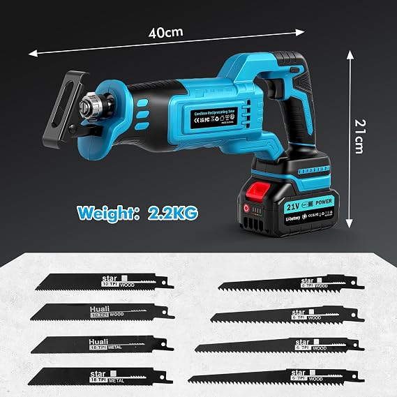 Reciprocating Saw, Enhanced 3500 SPM Low Noise Brushless Motor, High-Performance 2 * 21V 4.0 Ah Batteries Extended Standby, 8 pcs Versatile Alloy Steel Blade Set Easily Cut Through Wood, Metal