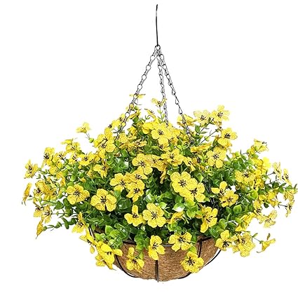 Lesrant Artificial Flowers in Basket,Artificial Hanging Baskets with Flowers for Outdoors Indoors Courtyard Decor,12 inch Coconut Lining Basket for Patio Garden Porch Deck Decoration (4-Yellow)
