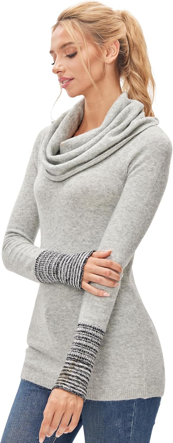 AmélieBoutik Woman Drape Cowl Neck Long Sleeve Striped Cuff Sweater Top