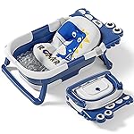 Collapsible Baby Bathtub for Newborn, Foldable Baby Bath Tub with Thermometer & Soft Floating Cushion & Drain Hole, Portable Travel Infant Bath Tubs for Newborns to Toddlers 0-36 Months Boy,NavyBlue