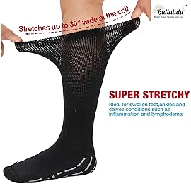 Bulinlulu Extra Width Socks for Swollen Feet - Non Slip Super Width Diabetic, Bariatric, Cast Socks for Men, Lymphedema - 4 Pink, 4 Pairs Super Wide With Grips