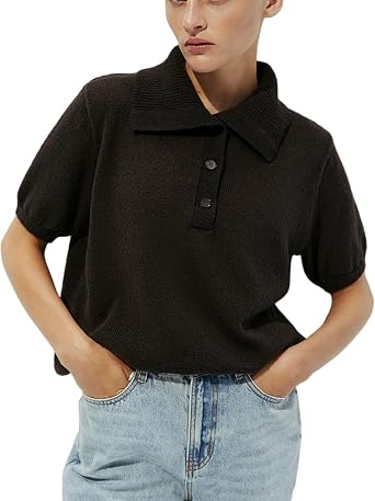 Womens Hollow Knitted Short Sleeved Sweater Bubble Sleeve T-Shirt Simple Knitted Sweater Polo Women