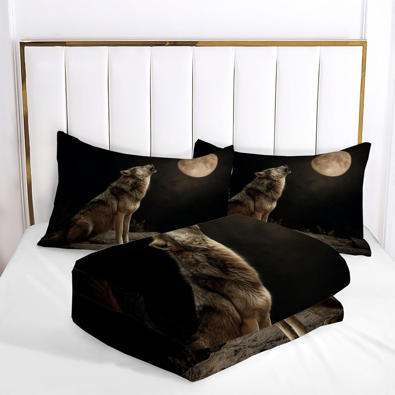 3 Piece Quilts Queen Size Bedding Set, Gray Brown Lightweight Bedspread, Soft Microfiber, Wolf Moon Night Sky Pattern for All Season Bed Coverlet with 2 Pillow Shams, 90"X90"