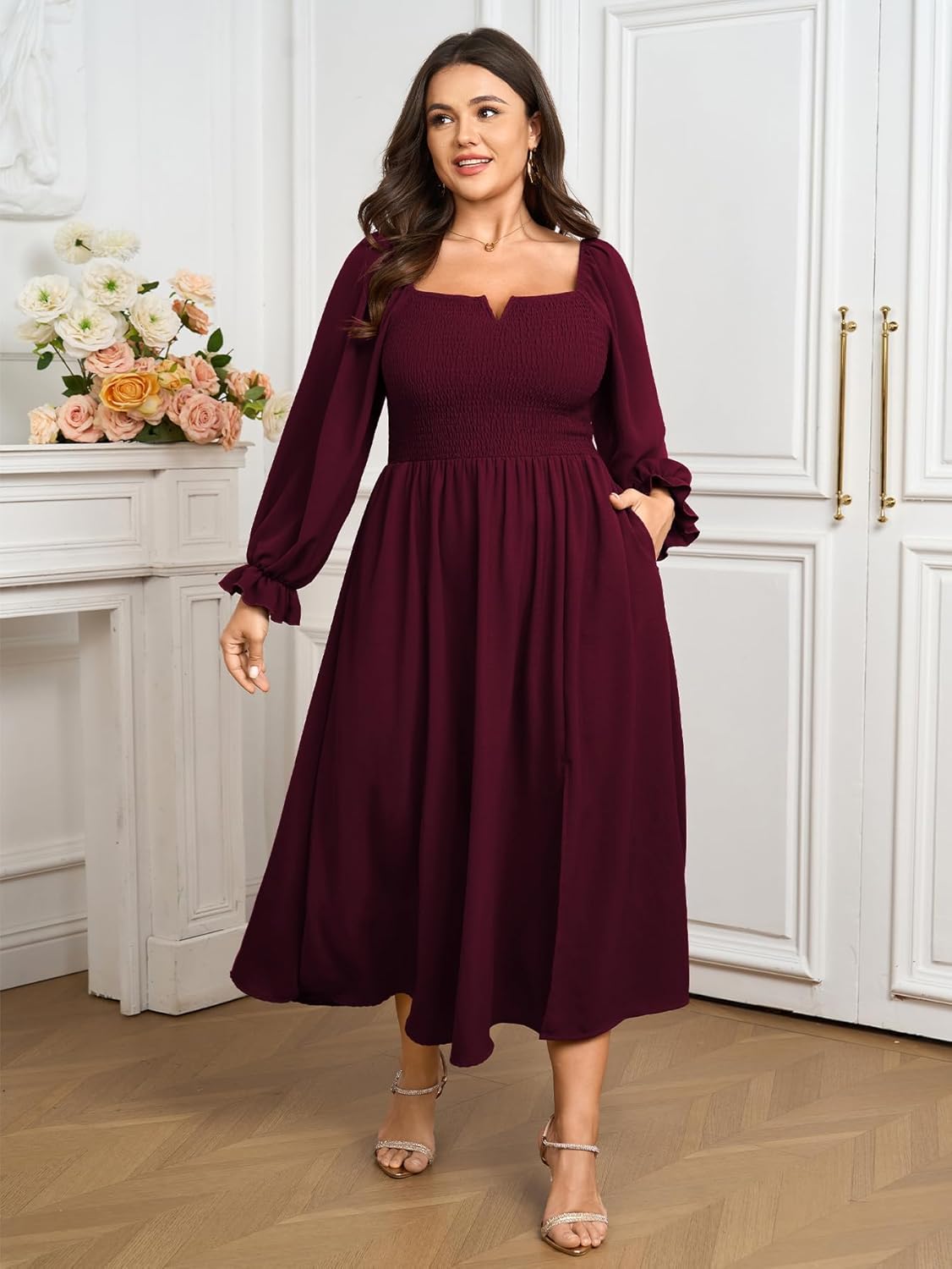 SCOMCHIC Womens Plus Size Maxi Dress Long Sleeve Square Neck Smocked Wedding Guest Flowy Split Fall Dresses with Pockets - Image 3
