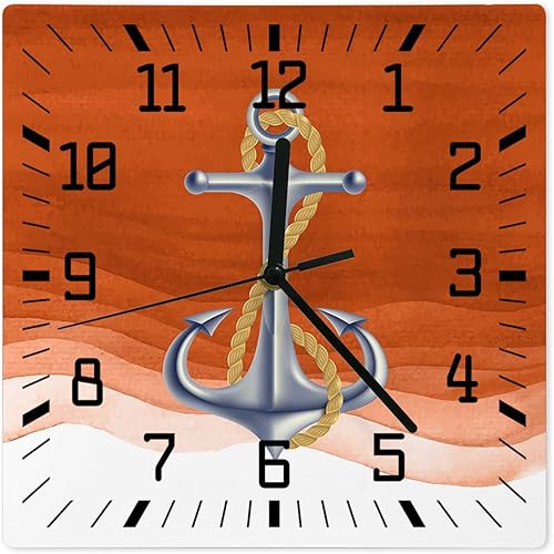 Anchor Burnt Orange Wooden Wall Clock Silent Non Ticking, Nautical Coastal Ombre Ripple Ocean Theme Square Wall Clock Battery Operated, Decor Clock