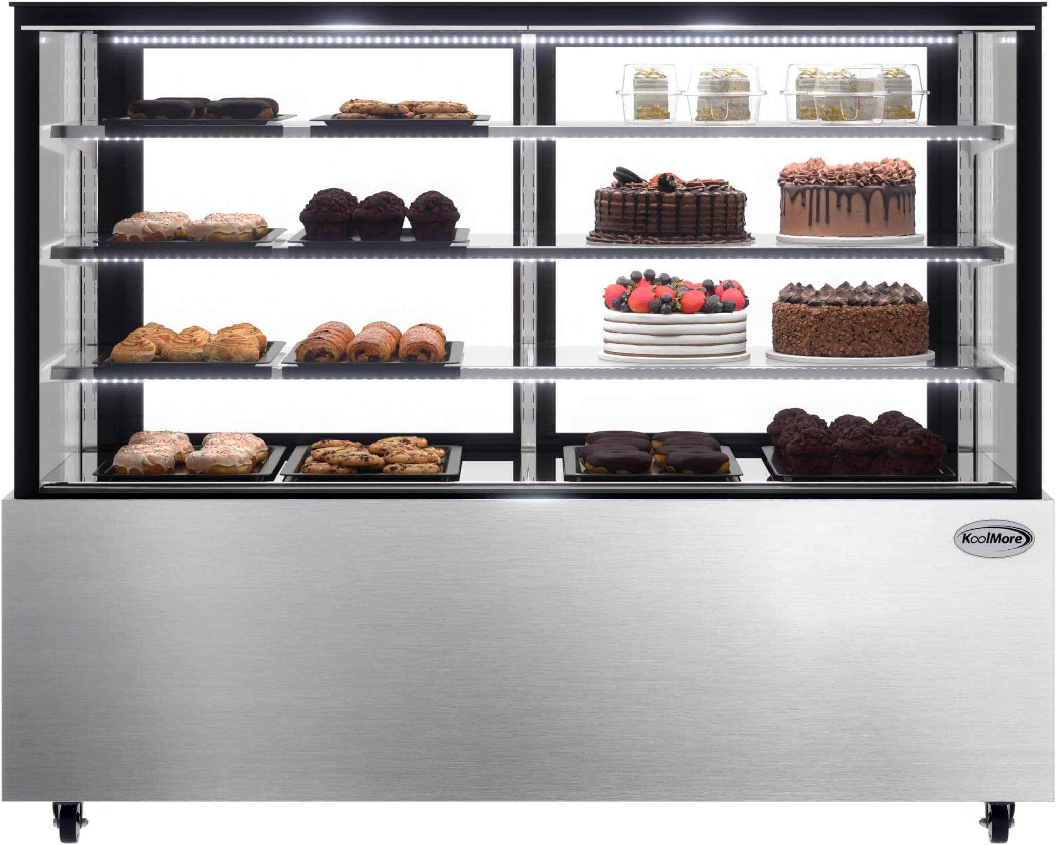Refrigerated Bakery Display Case for Cakes, Pies, and Pastries, 71” Stainless Steel Frame, Glass Front, Multi-Tiered Shelving Rack and LED Lighting- 30 cu.ft (RBD30C)