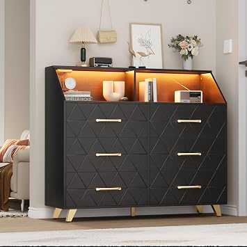 Patikuin 6 Drawer Dresser with LED Lights & Charging Station, Wooden Black Dresser for Bedroom, Modern TV Stand Dressers & Chests of Drawers for Closet, Hallway, Entryway