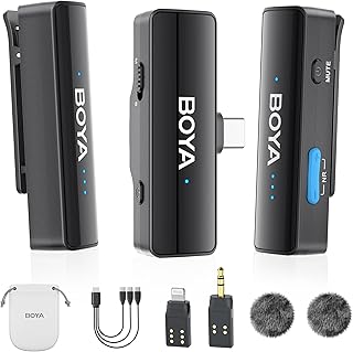 BOYALINK 2 Upgrade Wireless Lavalier Microphone for iPhone15/16 Camera Android Phone,300M Los Range, 9H Battery Life,Switchable Mono/Stereo 3-in-1 Clip on Lapel Mics for YouTube Facebook(TX+TX+RX)