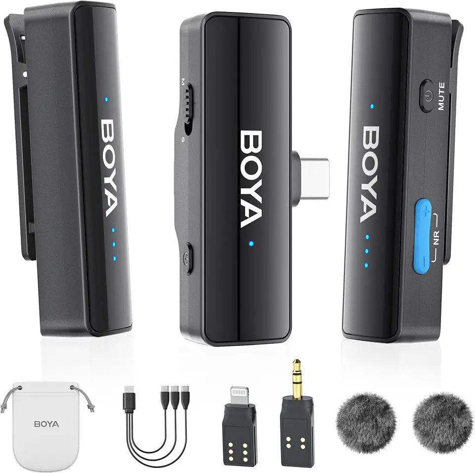 BOYALINK 2 Wireless Lavalier Microphone for iPhone15/16 Camera Android Phone,300M Los Range, 9H Battery Life,Switchable Mono/Stereo 3-in-1 Clip on Lapel Mics for YouTube Facebook(TX+TX+RX)