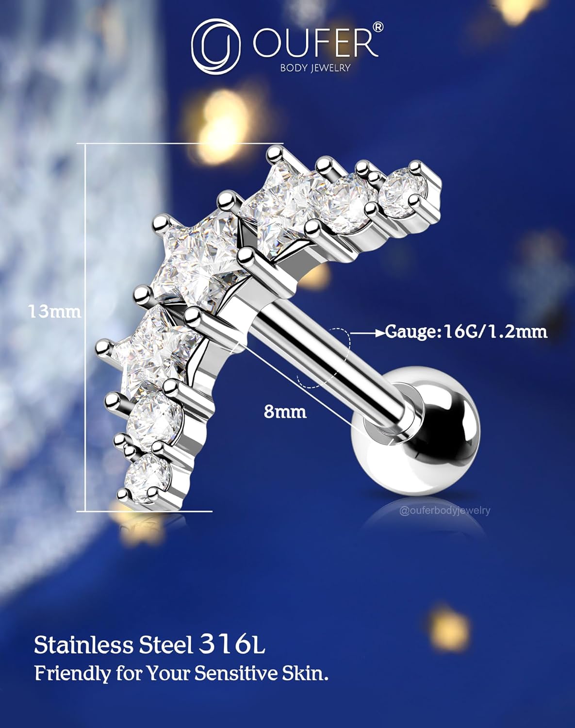 OUFER Helix Piercing Jewelry, 16G Star Shiny CZ Helix Earrings, 316L Surgical Steel Helix Cartilage Tragus Earrings for Women - Image 7