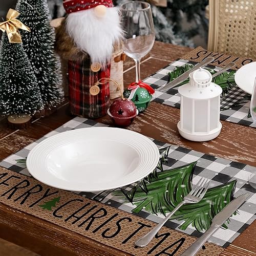 Miniatura 4 de ARKENY AP467-18 - Juego de 4 manteles individuales de Feliz Navidad de 12 x 18 pulgadas, diseño de copo de nieve de árbol de invierno, arpillera de