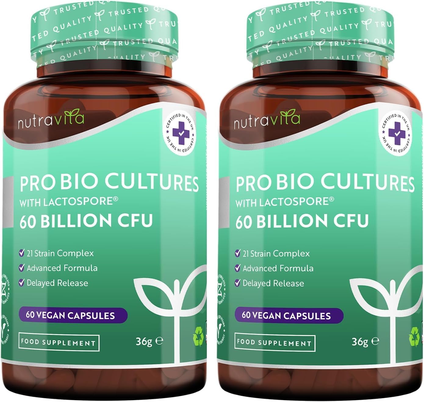 60 Billion CFU Probiotic Cultures (2 Packs of 60) – Scientifically Backed Lactospore® for Good Gut Flora – Enteric Coating to Ensure Probiotics are Delivered Directly to The Gut – UK Made by Nutravita